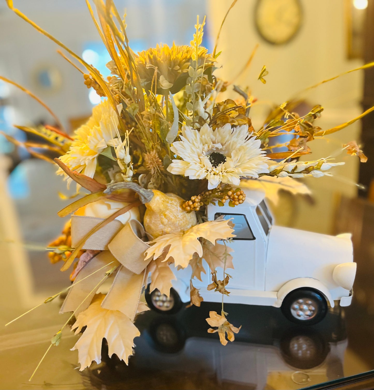 White truck with cream florals