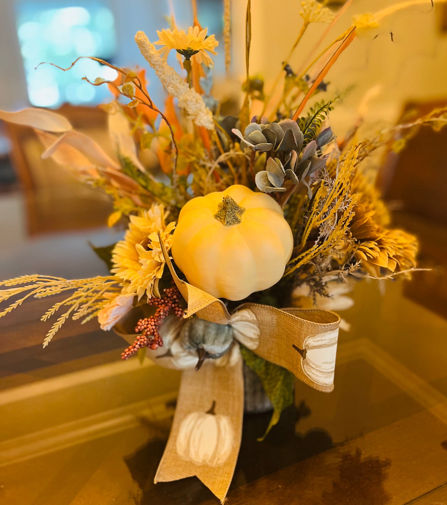 Cream and blue fall galvanized centerpiece